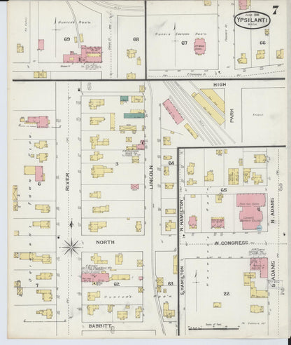 Sanborn Fire Insurance Map from Ypsilanti, Washtenaw County, Michigan (1893), Sheet #0007 - Historic Sanborn Fire Insurance Map Print, vintage old map wall art, antique decor, genealogy gift, Michigan Michigan map