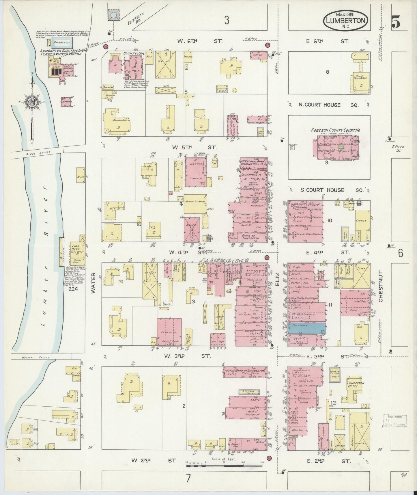 Sanborn Fire Insurance Map from Lumberton, Robeson County, North Carolina (1914), Sheet #0005 - Complete Map Set gallery image, historic Sanborn map, vintage wall art, North Carolina North Carolina
