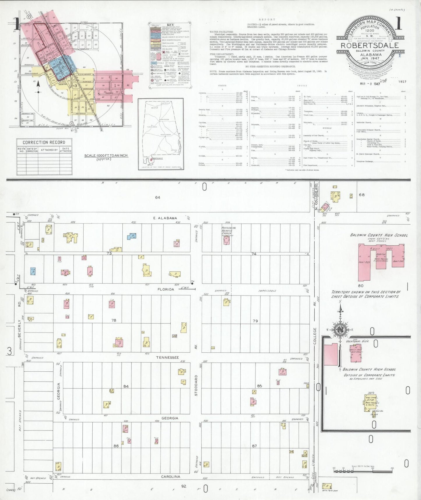Sanborn Fire Insurance Map from Robertsdale, Baldwin County, Alabama (1947), Sheet #0001 - Complete Map Set gallery image, historic Sanborn map, vintage wall art, Alabama Alabama