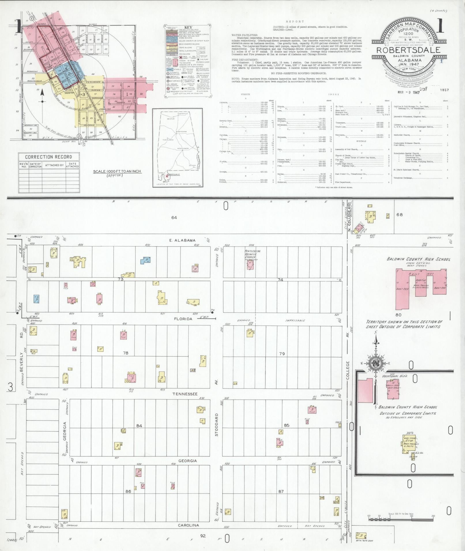 Sanborn Fire Insurance Map from Robertsdale, Baldwin County, Alabama (1947), Sheet #0001 - Complete Map Set gallery image, historic Sanborn map, vintage wall art, Alabama Alabama