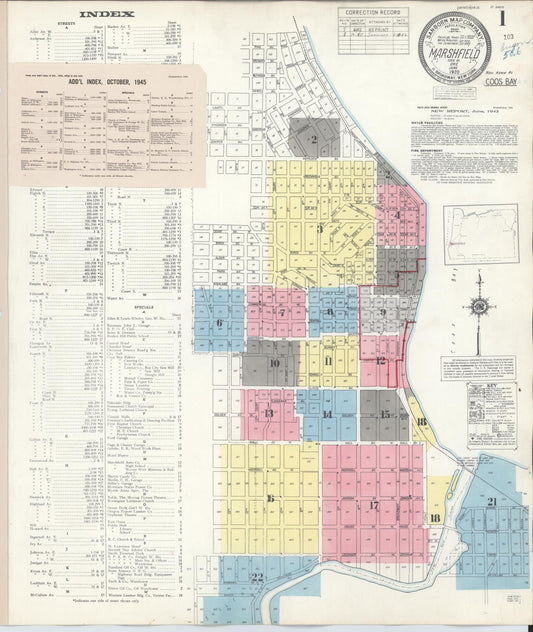 Sanborn Fire Insurance Map from Marshfield, Coos County, Oregon (1945), Sheet #0001 - Historic Sanborn Fire Insurance Map Print, vintage old map wall art, antique decor, genealogy gift, Oregon Oregon map