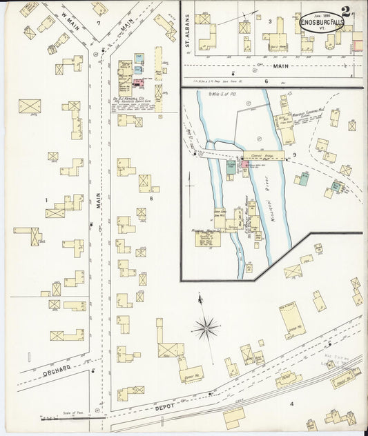 Sanborn Fire Insurance Map from Enosburg Falls, Franklin County, Vermont (1895), Sheet #0002 - Historic Sanborn Fire Insurance Map Print, vintage old map wall art, antique decor, genealogy gift, Vermont Vermont map