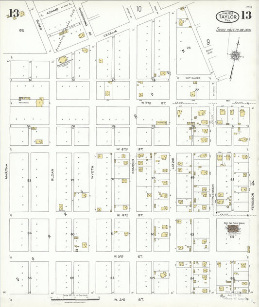 Sanborn Fire Insurance Map from Taylor, Williamson County, Texas (1923), Sheet #0013 - Historic Sanborn Fire Insurance Map Print, vintage old map wall art, antique decor, genealogy gift, Texas Texas map