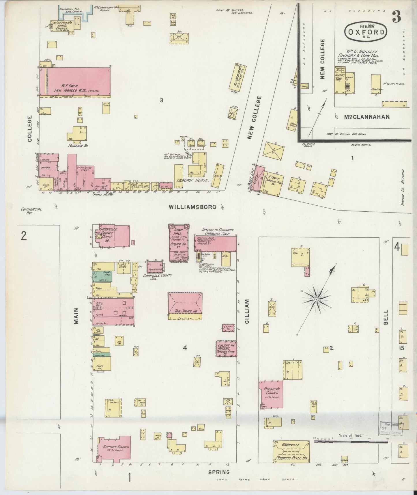 Sanborn Fire Insurance Map from Oxford, Granville County, North Carolina (1897), Sheet #0003 - Complete Map Set gallery image, historic Sanborn map, vintage wall art, North Carolina North Carolina