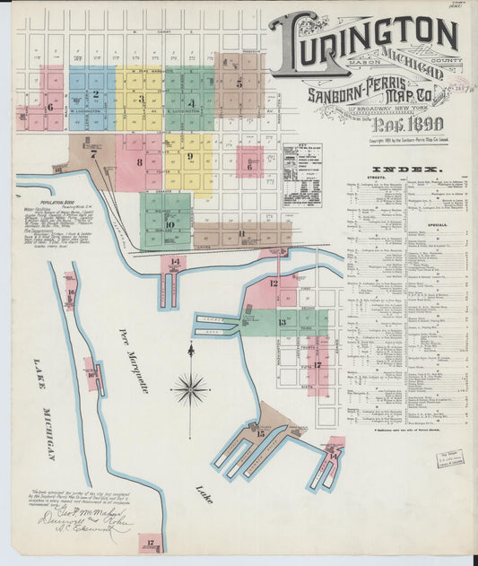 Sanborn Fire Insurance Map from Ludington, Mason County, Michigan (1890), Sheet #0001 - Historic Sanborn Fire Insurance Map Print, vintage old map wall art, antique decor, genealogy gift, Michigan Michigan map