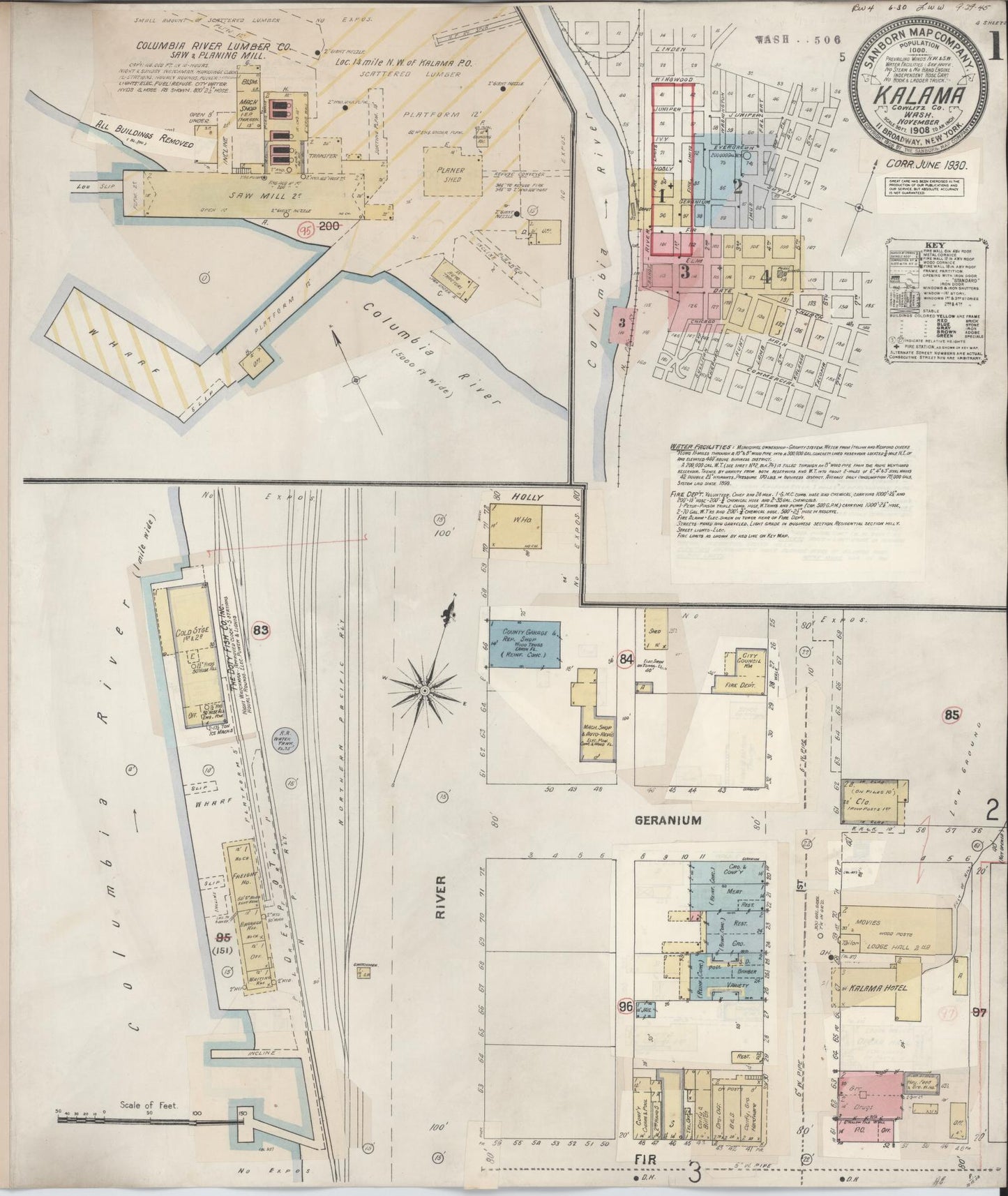 Sanborn Fire Insurance Map from Kalama, Cowlitz County, Washington (1930), Sheet #0001 - Complete Map Set gallery image, historic Sanborn map, vintage wall art, Washington Washington