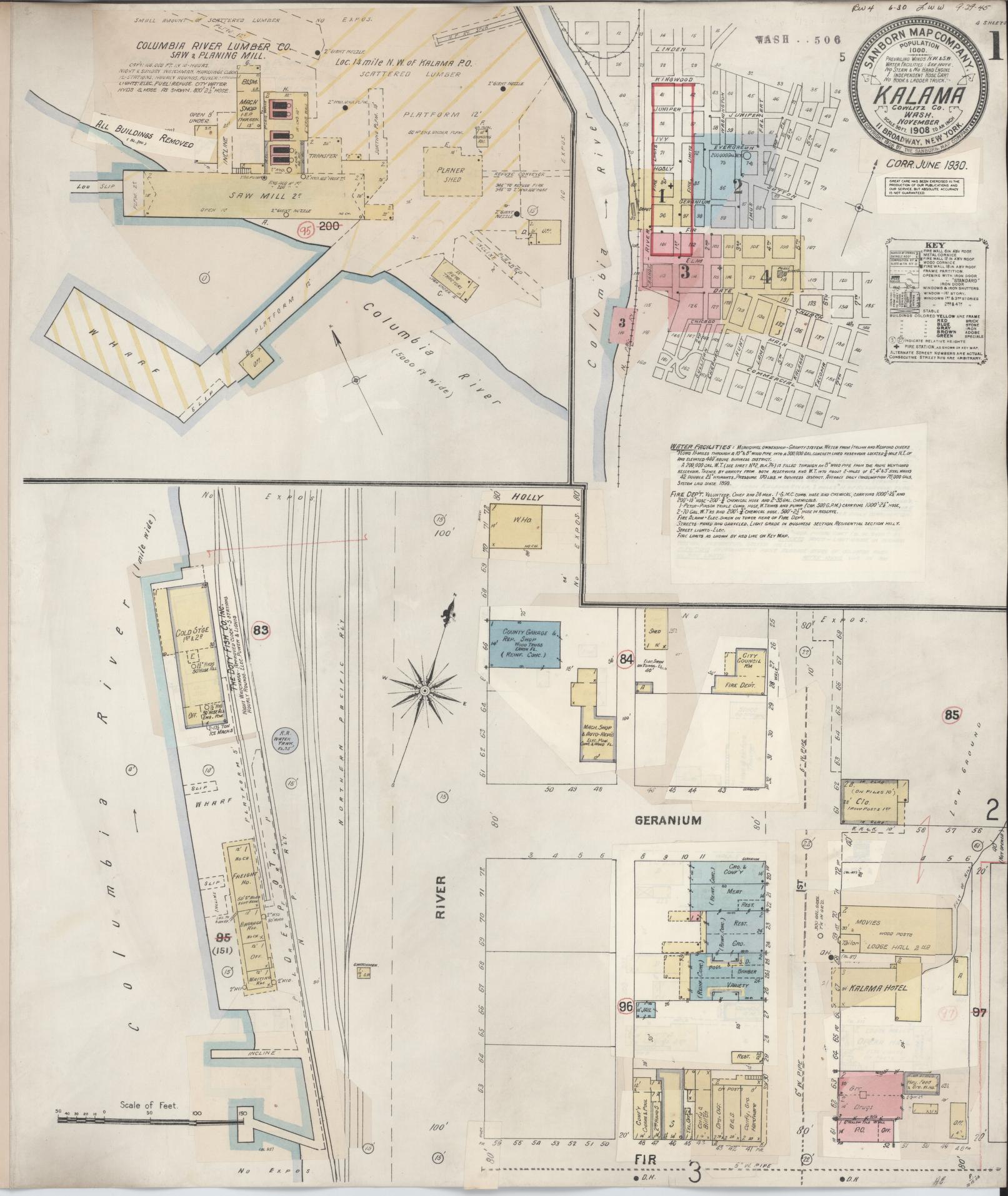 Sanborn Fire Insurance Map from Kalama, Cowlitz County, Washington (1930), Sheet #0001 - Complete Map Set gallery image, historic Sanborn map, vintage wall art, Washington Washington