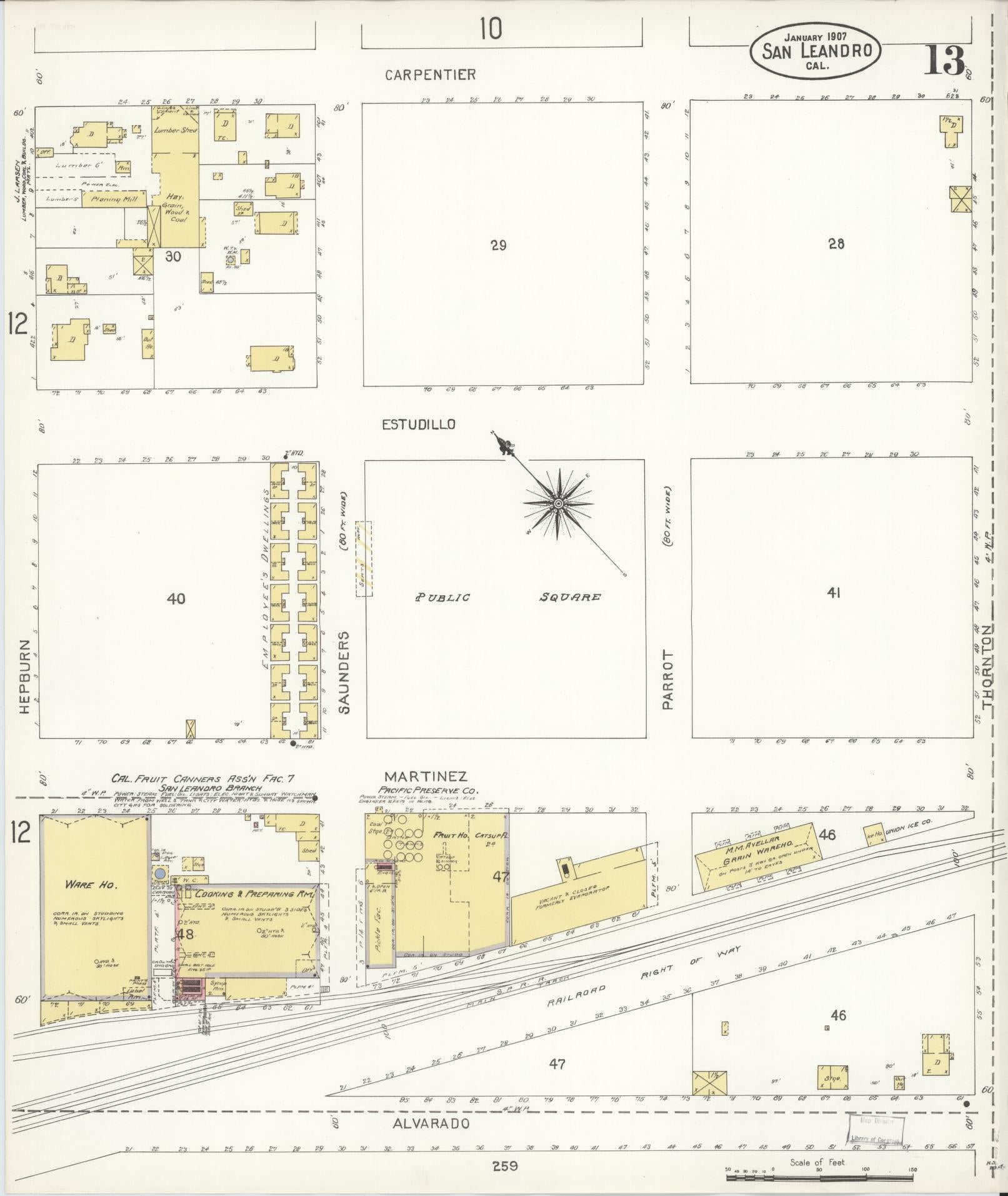Sanborn Fire Insurance Map from San Leandro, Alameda County, California (1907), Sheet #0013 - Complete Map Set gallery image, historic Sanborn map, vintage wall art, California California