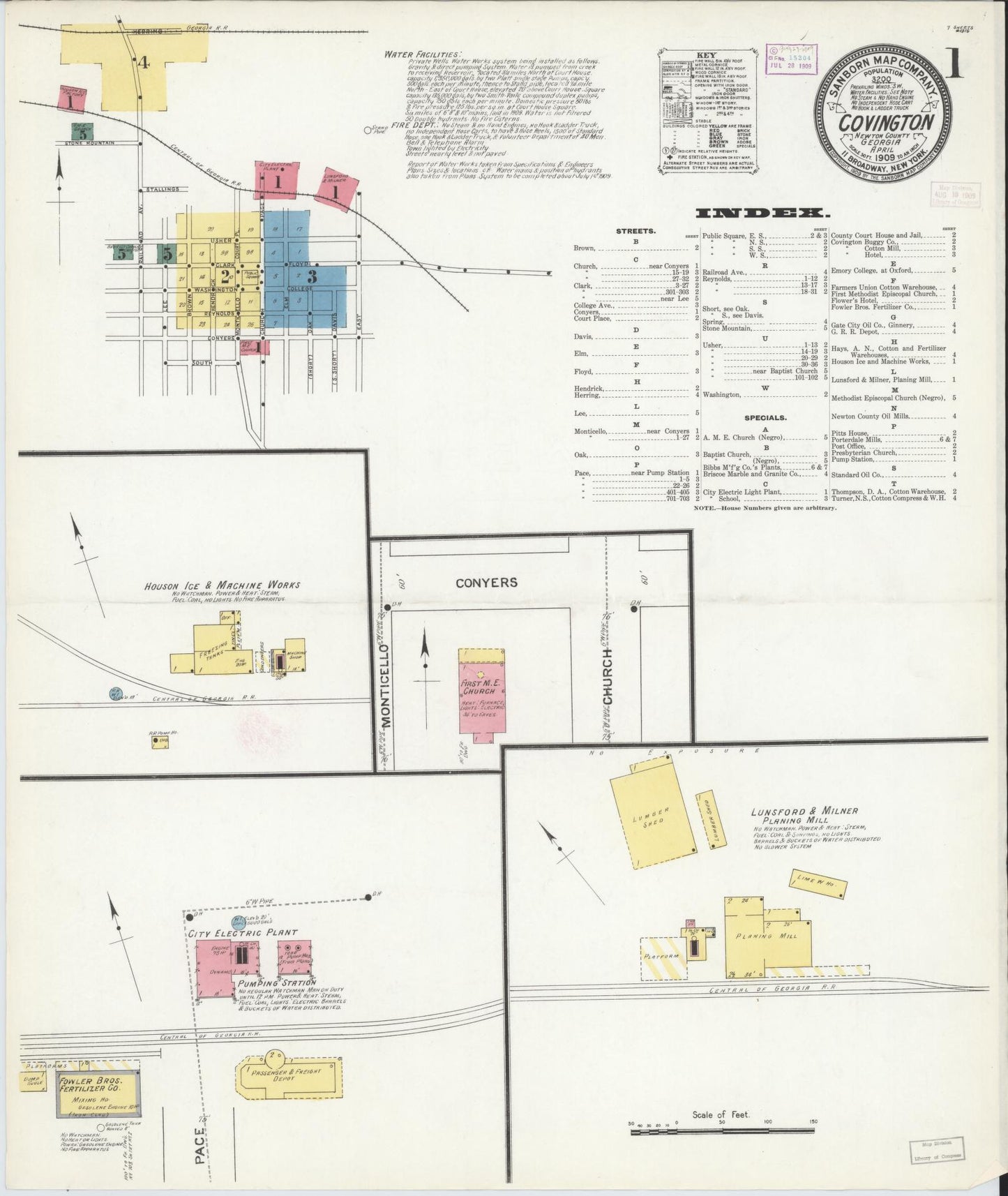 Sanborn Fire Insurance Map from Covington, Newton County, Georgia (1909), Sheet #0001 - Historic Sanborn Fire Insurance Map Print, vintage old map wall art, antique decor, genealogy gift, Georgia Georgia map