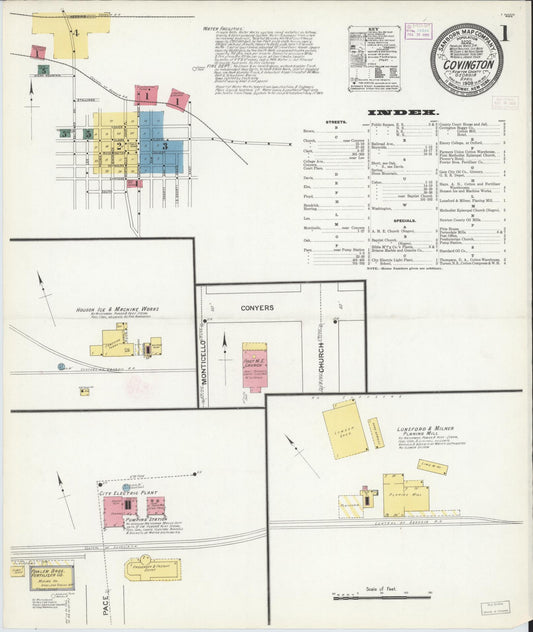 Sanborn Fire Insurance Map from Covington, Newton County, Georgia (1909), Sheet #0001 - Historic Sanborn Fire Insurance Map Print, vintage old map wall art, antique decor, genealogy gift, Georgia Georgia map