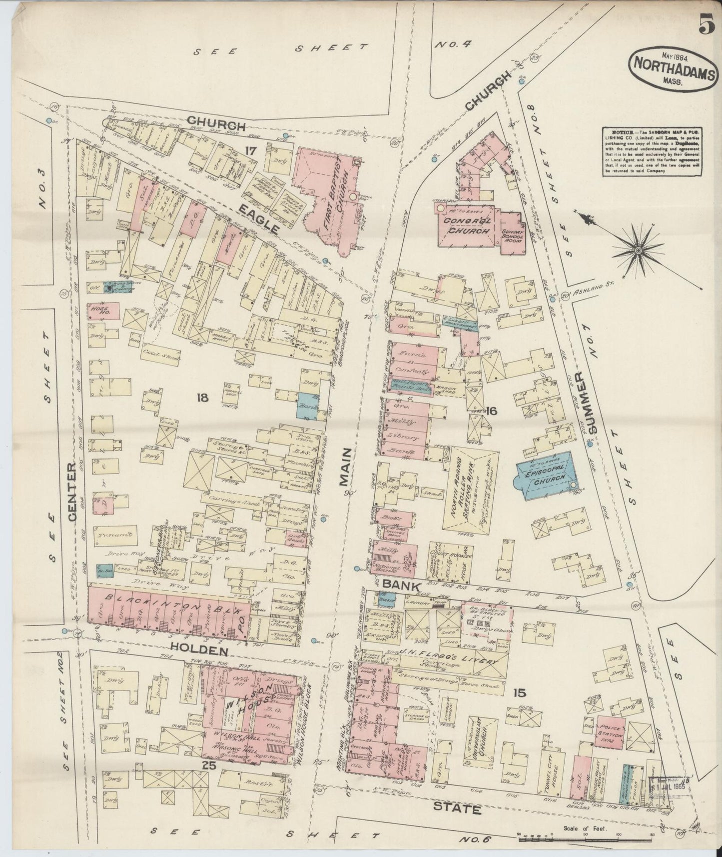 Sanborn Fire Insurance Map from North Adams, Berkshire County, Massachusetts (1884), Sheet #0005 - Historic Sanborn Fire Insurance Map Print, vintage old map wall art, antique decor, genealogy gift, Massachusetts Massachusetts map