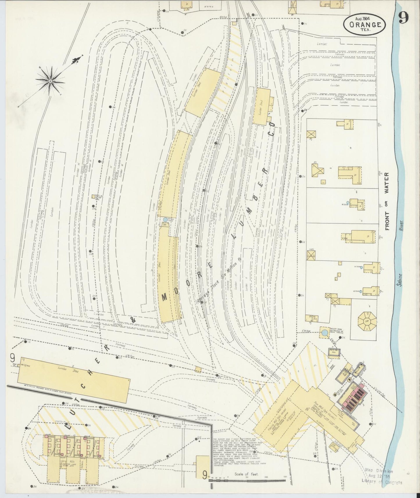 Sanborn Fire Insurance Map from Orange, Orange County, Texas (1904), Sheet #0009 - Historic Sanborn Fire Insurance Map Print, vintage old map wall art, antique decor, genealogy gift, Texas Texas map