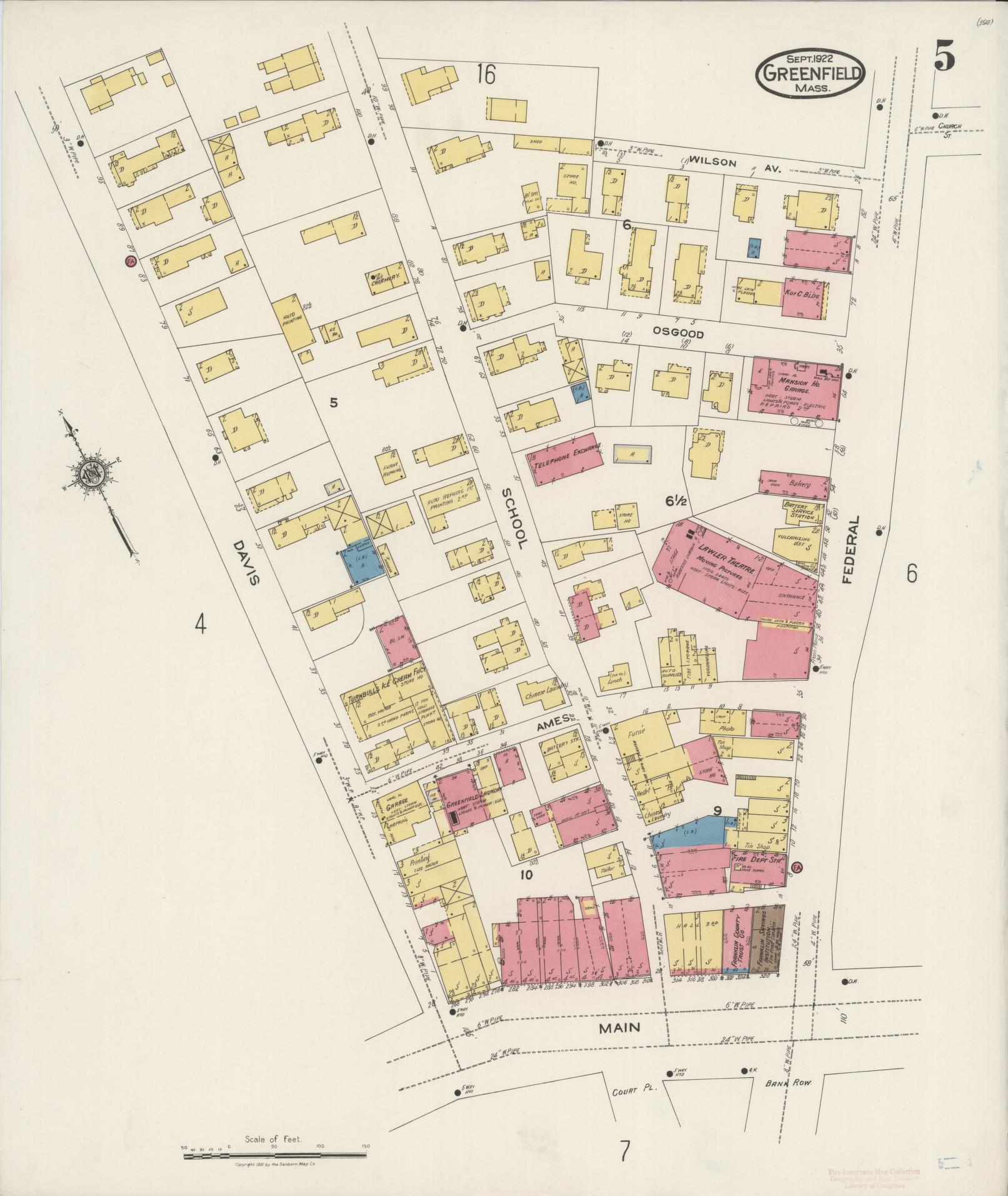 Sanborn Fire Insurance Map from Greenfield, Franklin County, Massachusetts (1922), Sheet #0005 - Complete Map Set gallery image, historic Sanborn map, vintage wall art, Massachusetts Massachusetts