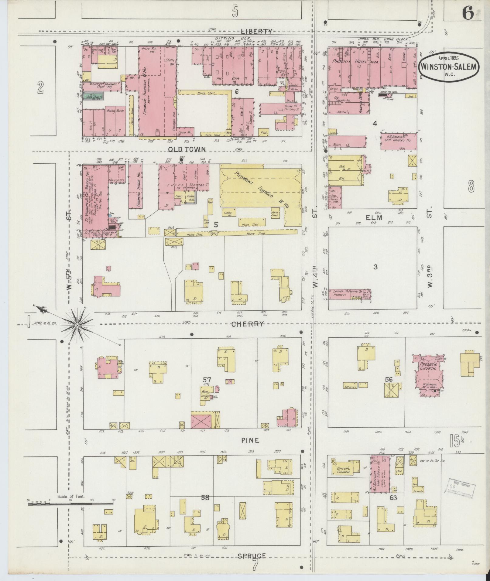 Sanborn Fire Insurance Map from Winston-Salem, Forsyth County, North Carolina (1895), Sheet #0006 - Complete Map Set gallery image, historic Sanborn map, vintage wall art, North Carolina North Carolina