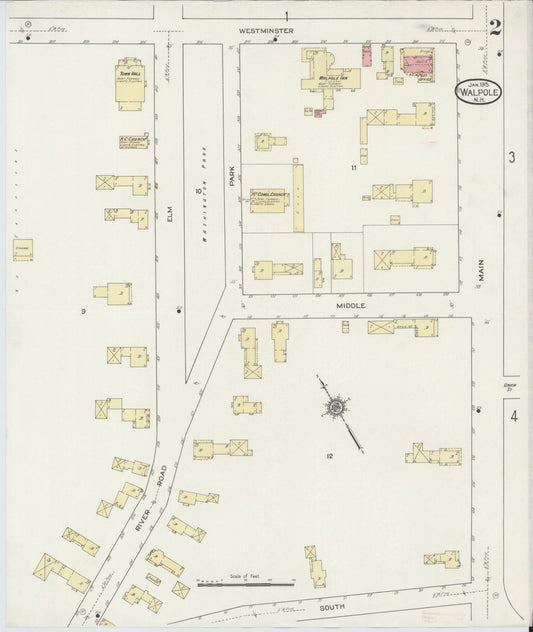 Sanborn Fire Insurance Map from Walpole, Cheshire County, New Hampshire (1915), Sheet #0002 - Historic Sanborn Fire Insurance Map Print, vintage old map wall art, antique decor, genealogy gift, New Hampshire New Hampshire map