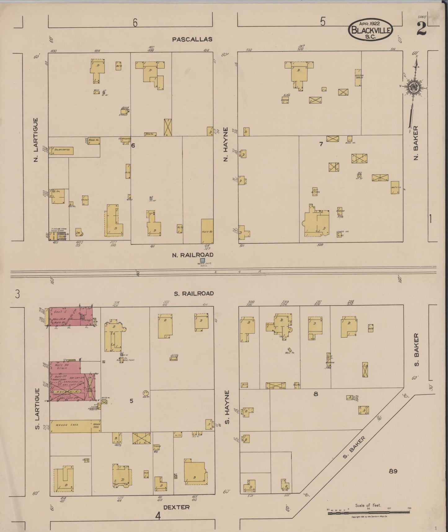 Sanborn Fire Insurance Map from Blackville, Barnwell County, South Carolina (1922), Sheet #0002 - Complete Map Set gallery image, historic Sanborn map, vintage wall art, South Carolina South Carolina
