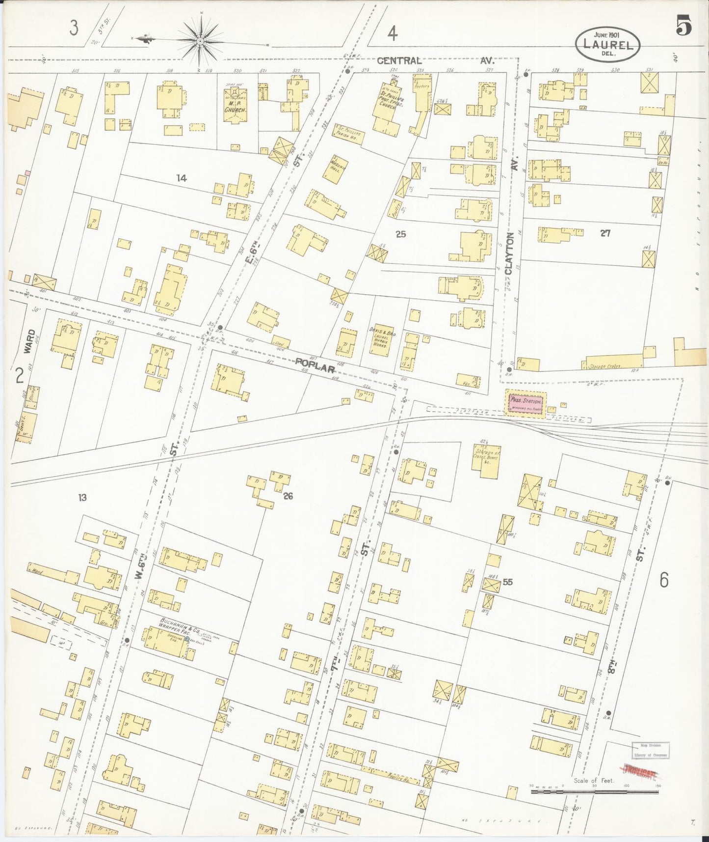 Sanborn Fire Insurance Map from Laurel, Sussex County, Delaware (1901), Sheet #0005 - Complete Map Set gallery image, historic Sanborn map, vintage wall art, Delaware Delaware