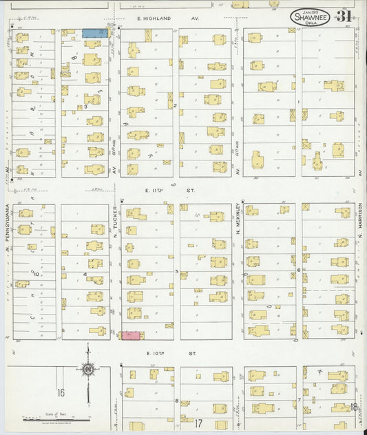 Sanborn Fire Insurance Map from Shawnee, Pottawatomie County, Oklahoma (1919), Sheet #0031 - Historic Sanborn Fire Insurance Map Print, vintage old map wall art, antique decor, genealogy gift, Oklahoma Oklahoma map