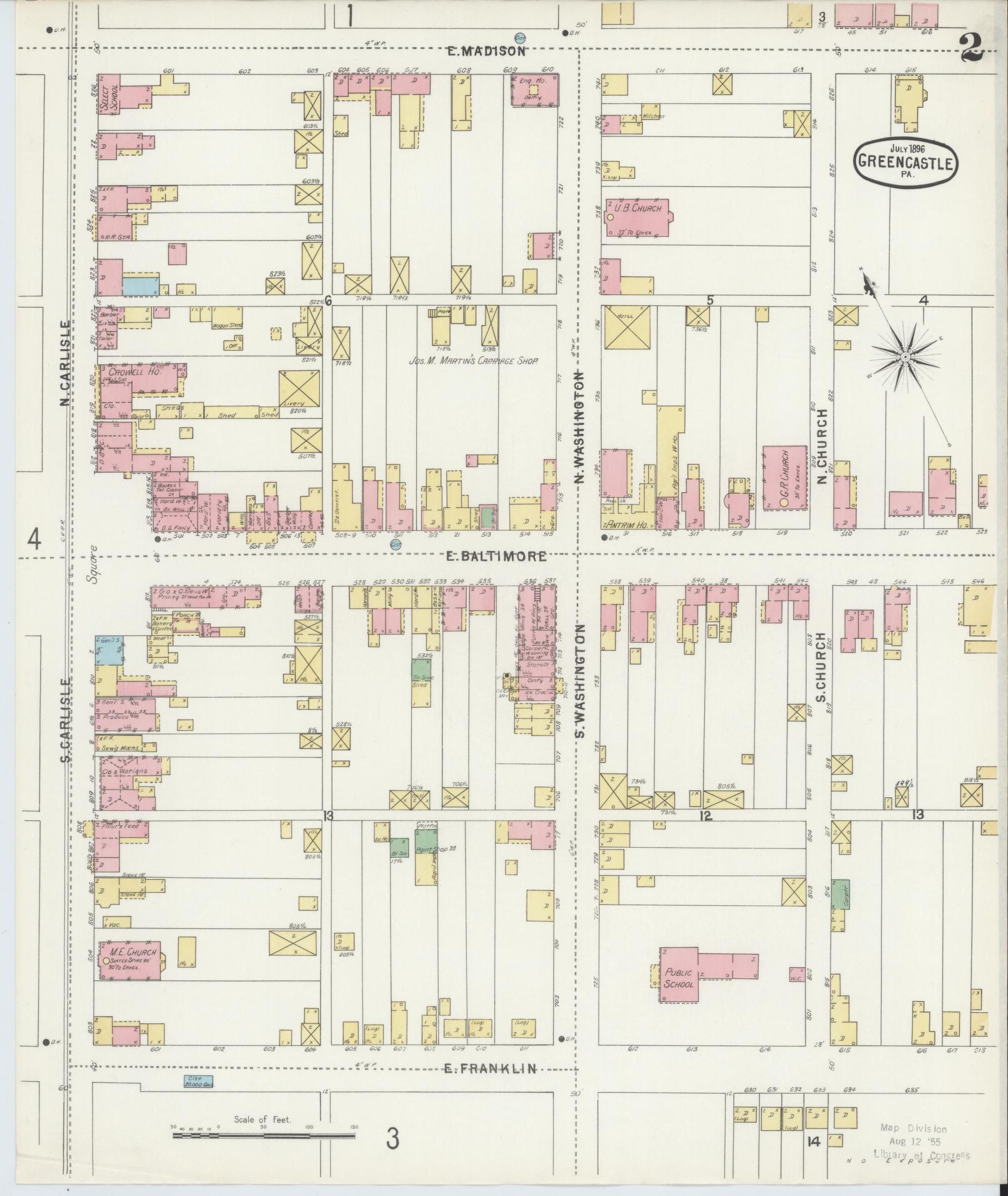 Sanborn Fire Insurance Map from Greencastle, Franklin County, Pennsylvania (1896), Sheet #0002 - Historic Sanborn Fire Insurance Map Print, vintage old map wall art, antique decor, genealogy gift, Pennsylvania Pennsylvania map