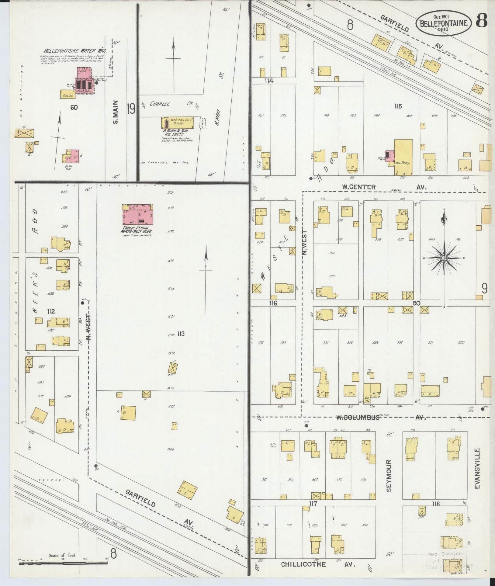 Sanborn Fire Insurance Map from Bellefontaine, Logan County, Ohio (1901), Sheet #0008 - Historic Sanborn Fire Insurance Map Print, vintage old map wall art, antique decor, genealogy gift, Ohio Ohio map