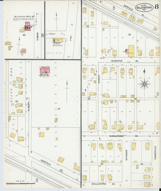 Sanborn Fire Insurance Map from Bellefontaine, Logan County, Ohio (1901), Sheet #0008 - Historic Sanborn Fire Insurance Map Print, vintage old map wall art, antique decor, genealogy gift, Ohio Ohio map