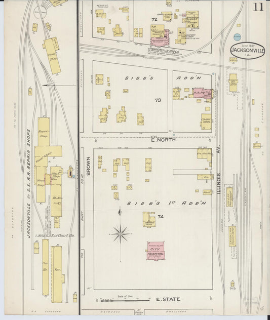 Sanborn Fire Insurance Map from Jacksonville, Morgan County, Illinois (1887), Sheet #0011 - Historic Sanborn Fire Insurance Map Print, vintage old map wall art, antique decor, genealogy gift, Illinois Illinois map