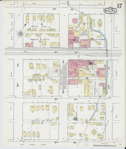 Sanborn Fire Insurance Map from Moline, Rock Island County, Illinois (1892), Sheet #0017 - Historic Sanborn Fire Insurance Map Print, vintage old map wall art, antique decor, genealogy gift, Illinois Illinois map