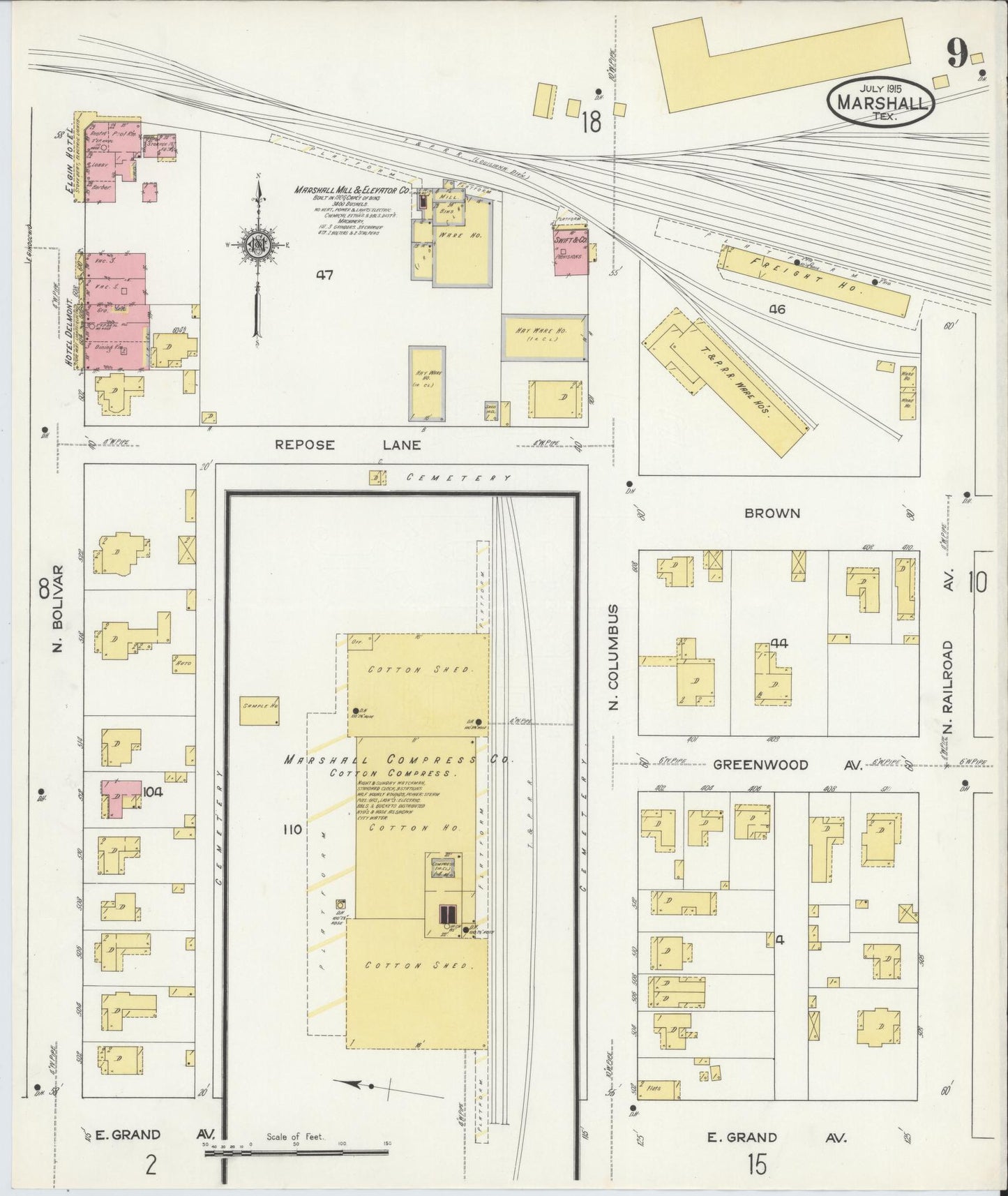 Sanborn Fire Insurance Map from Marshall, Harrison County, Texas (1915), Sheet #0009 - Historic Sanborn Fire Insurance Map Print, vintage old map wall art, antique decor, genealogy gift, Texas Texas map