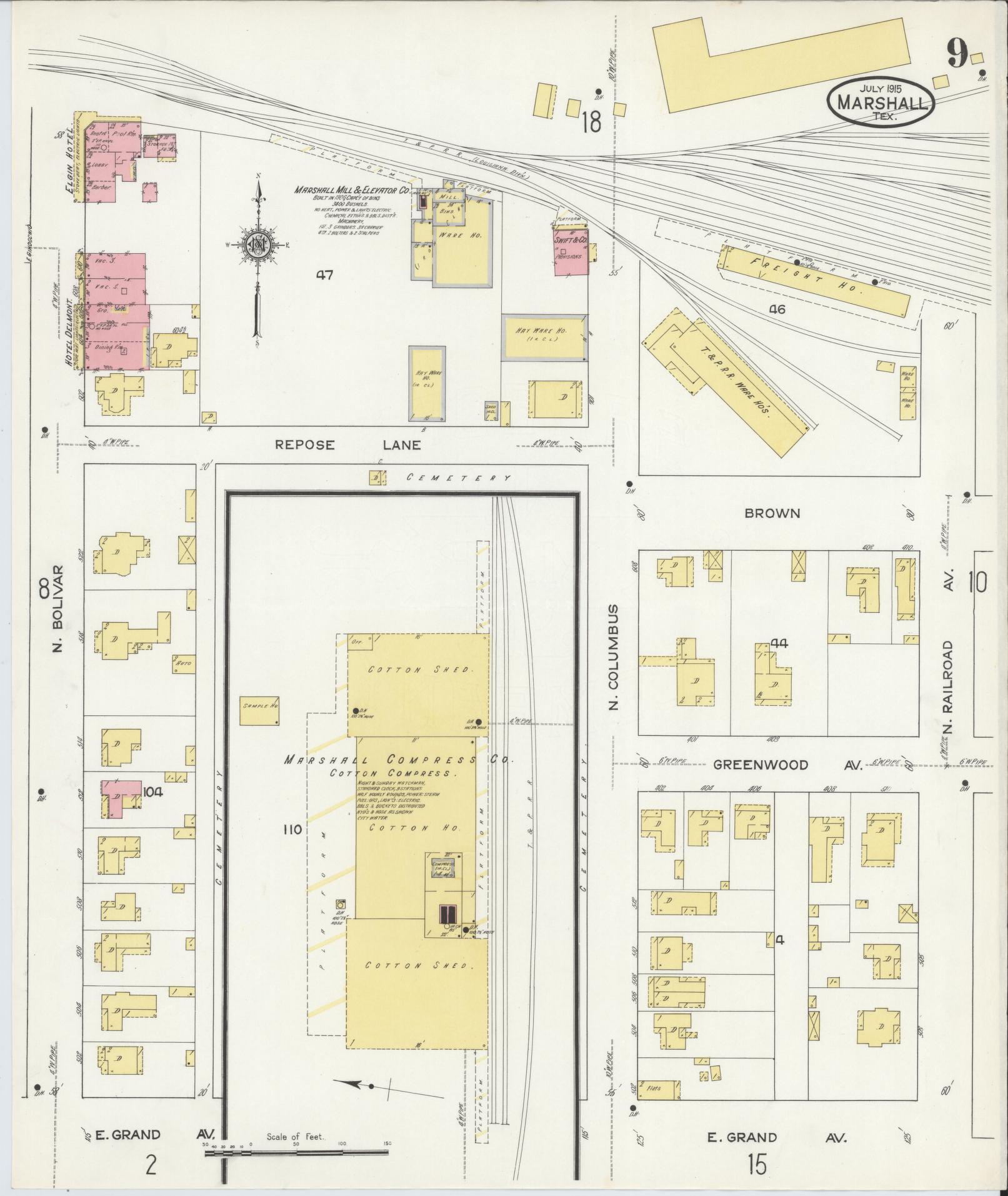 Sanborn Fire Insurance Map from Marshall, Harrison County, Texas (1915), Sheet #0009 - Historic Sanborn Fire Insurance Map Print, vintage old map wall art, antique decor, genealogy gift, Texas Texas map