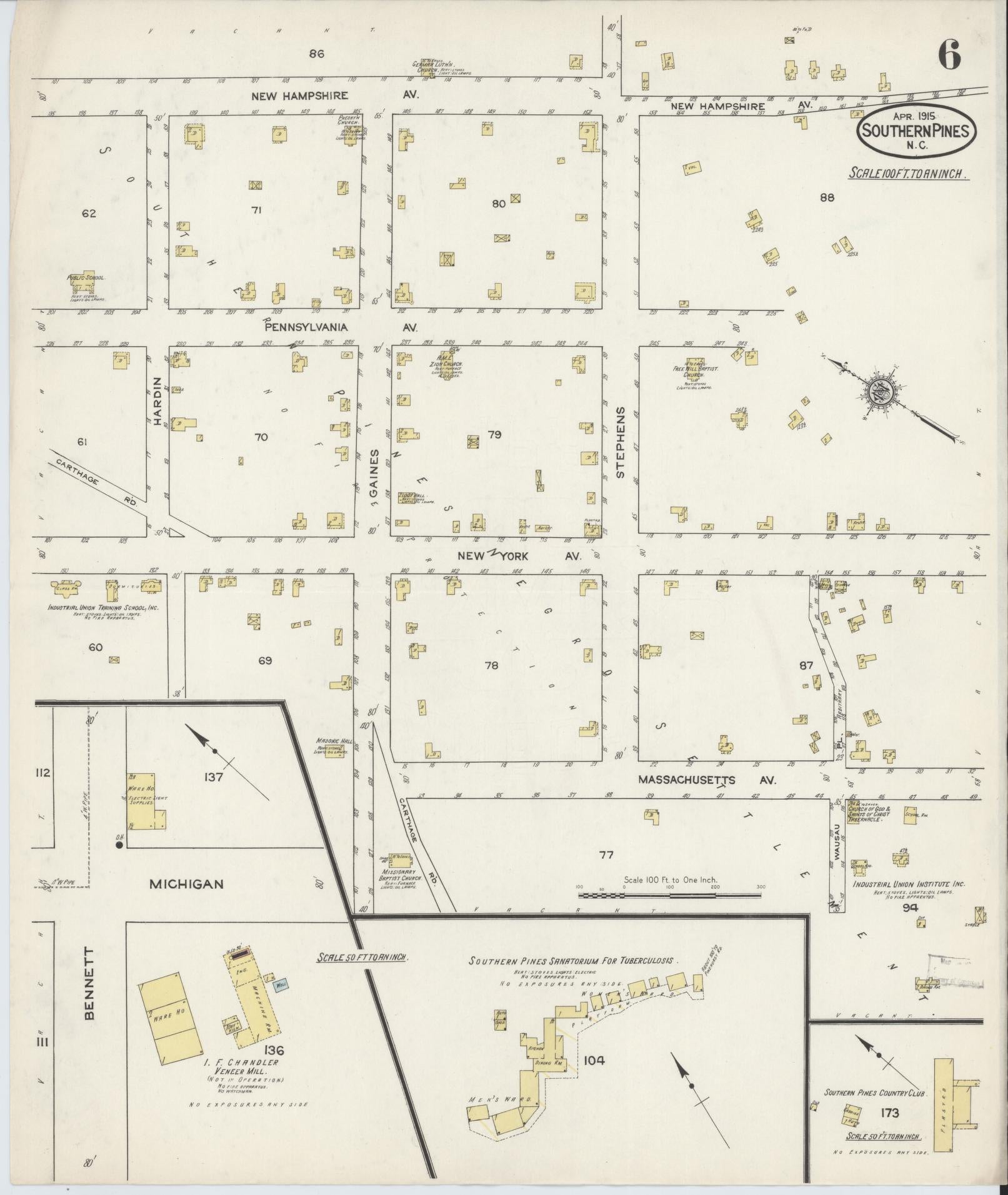 Sanborn Fire Insurance Map from Southern Pines, Moore County, North Carolina (1915), Sheet #0006 - Complete Map Set gallery image, historic Sanborn map, vintage wall art, North Carolina North Carolina