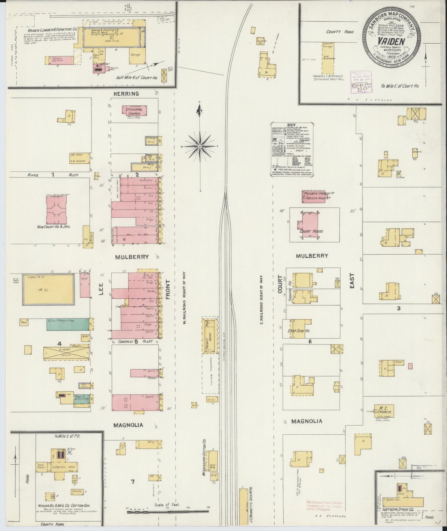 Sanborn Fire Insurance Map from Vaiden, Carroll County, Mississippi (1905), Sheet #0001 - Historic Sanborn Fire Insurance Map Print, vintage old map wall art, antique decor, genealogy gift, Mississippi Mississippi map