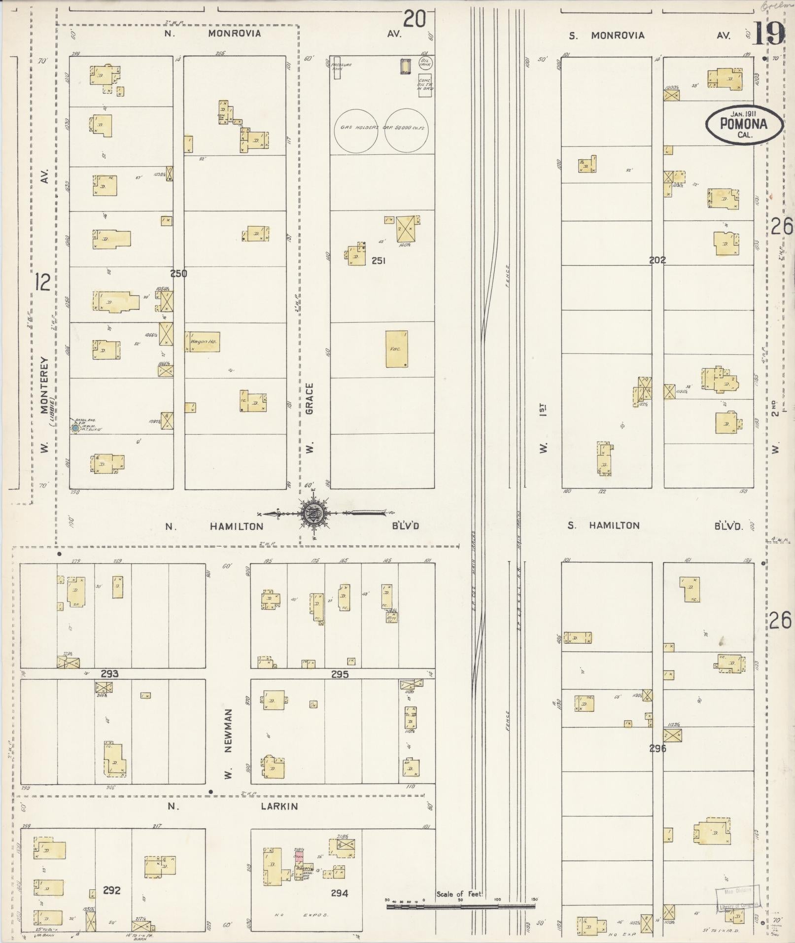 Sanborn Fire Insurance Map from Pomona, Los Angeles County, California (1911), Sheet #0019 - Complete Map Set gallery image, historic Sanborn map, vintage wall art, California California
