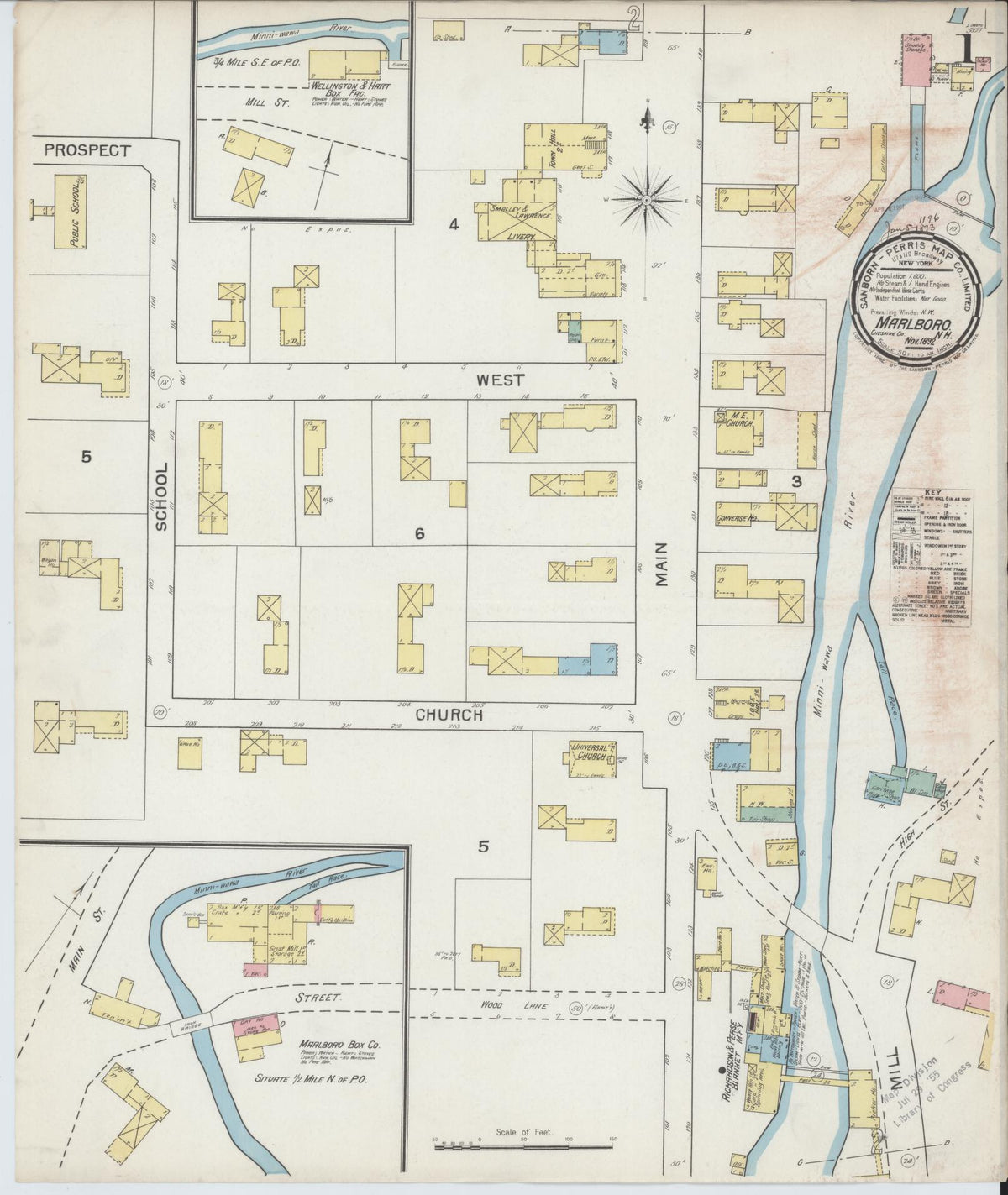 Sanborn Fire Insurance Map from Marlborough, Cheshire County, New Hampshire (1892), Sheet #0001 - Complete Map Set gallery image, historic Sanborn map, vintage wall art, New Hampshire New Hampshire