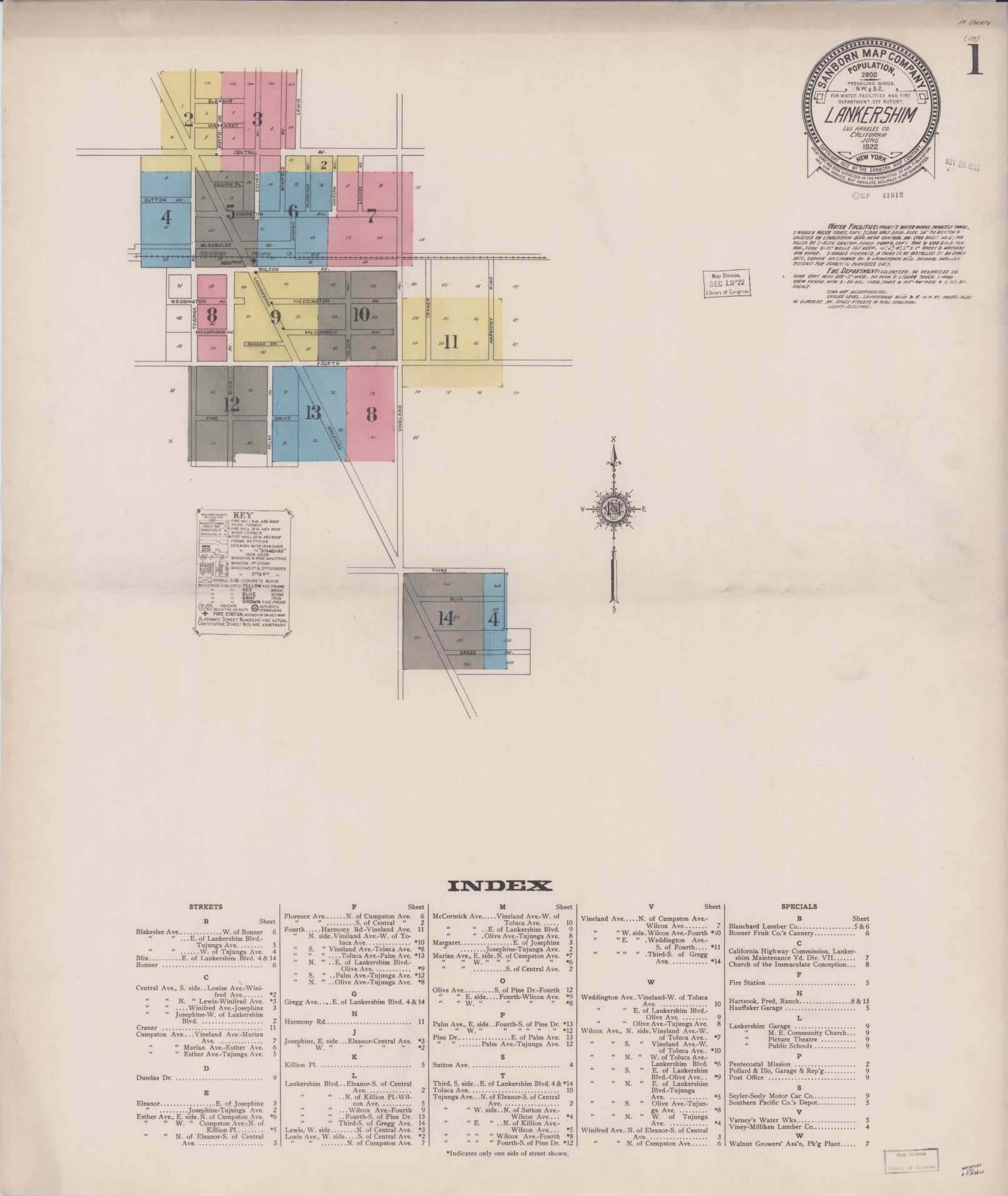 Sanborn Fire Insurance Map from Lankershim, Los Angeles County, California (1922), Sheet #0001 - Historic Sanborn Fire Insurance Map Print, vintage old map wall art, antique decor, genealogy gift, California California map