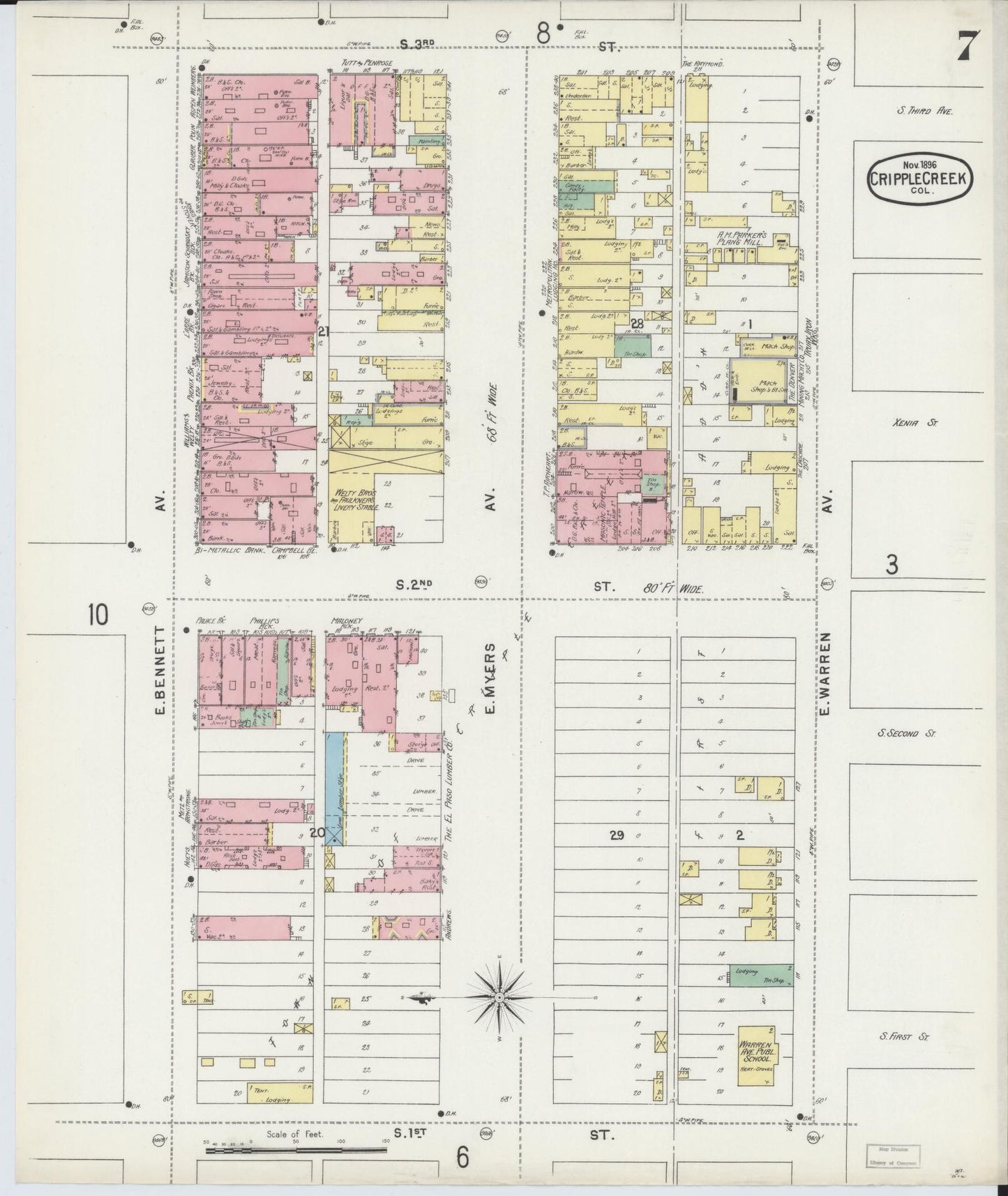Sanborn Fire Insurance Map from Cripple Creek, Teller County, Colorado (1896), Sheet #0007 - Historic Sanborn Fire Insurance Map Print, vintage old map wall art, antique decor, genealogy gift, Colorado Colorado map