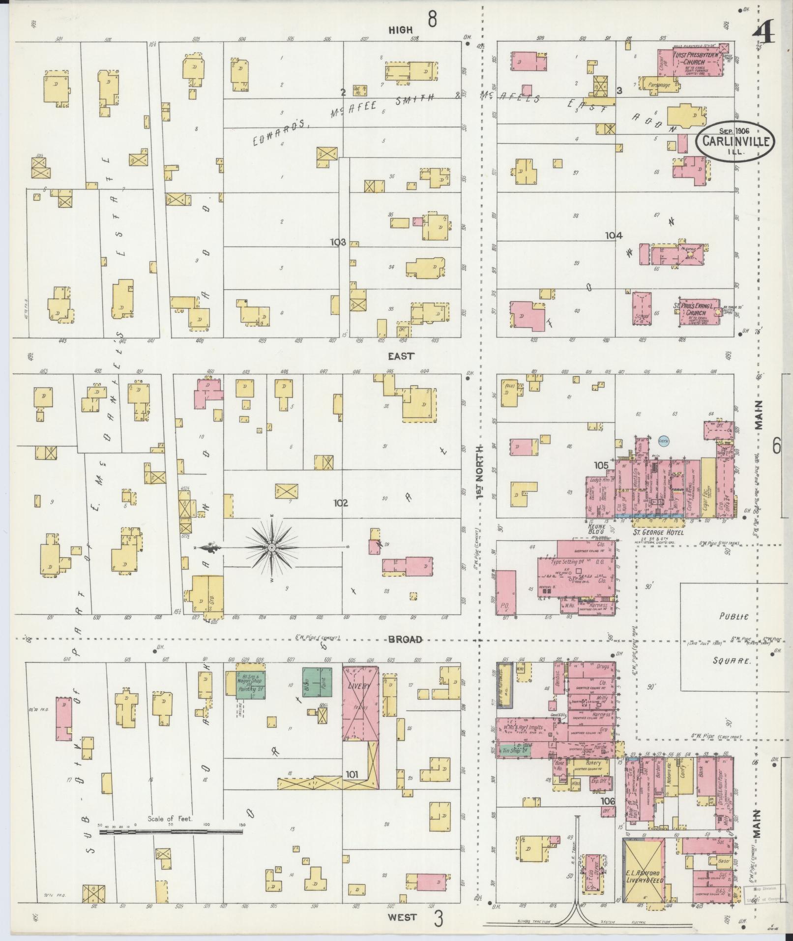 Sanborn Fire Insurance Map from Carlinville, Macoupin County, Illinois (1906), Sheet #0004 - Historic Sanborn Fire Insurance Map Print, vintage old map wall art, antique decor, genealogy gift, Illinois Illinois map
