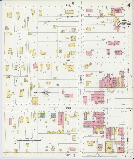 Sanborn Fire Insurance Map from Carlinville, Macoupin County, Illinois (1906), Sheet #0004 - Historic Sanborn Fire Insurance Map Print, vintage old map wall art, antique decor, genealogy gift, Illinois Illinois map