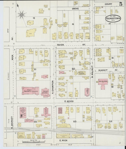 Sanborn Fire Insurance Map from Youngstown, Mahoning County, Ohio (1889), Sheet #0005 - Historic Sanborn Fire Insurance Map Print, vintage old map wall art, antique decor, genealogy gift, Ohio Ohio map
