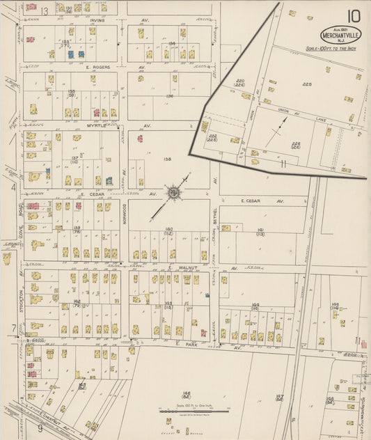 Sanborn Fire Insurance Map from Merchantville, Camden County, New Jersey (1921), Sheet #0010 - Historic Sanborn Fire Insurance Map Print, vintage old map wall art, antique decor, genealogy gift, New Jersey New Jersey map