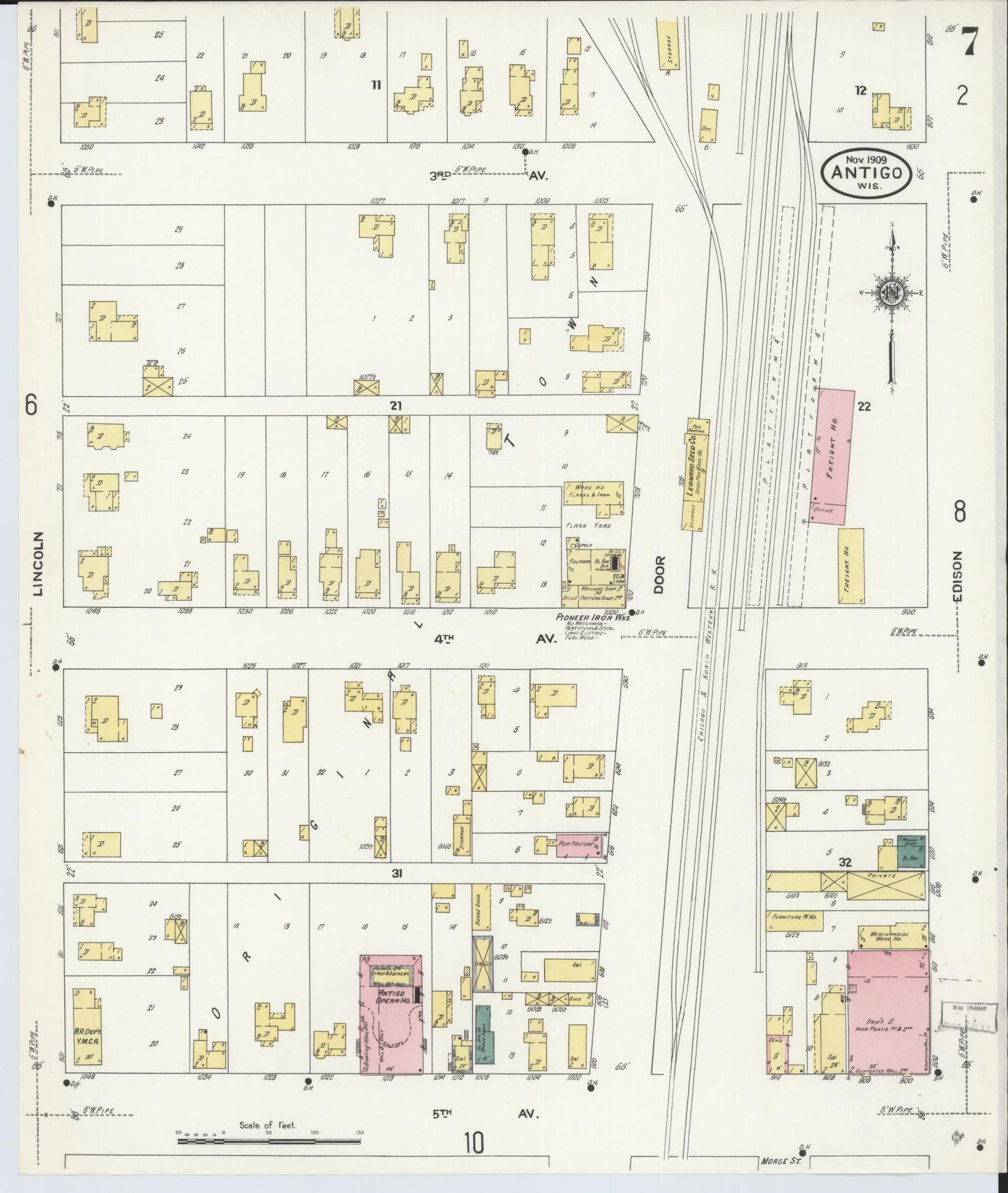 Sanborn Fire Insurance Map from Antigo, Langlade County, Wisconsin (1909), Sheet #0007 - Complete Map Set gallery image, historic Sanborn map, vintage wall art, Wisconsin Wisconsin