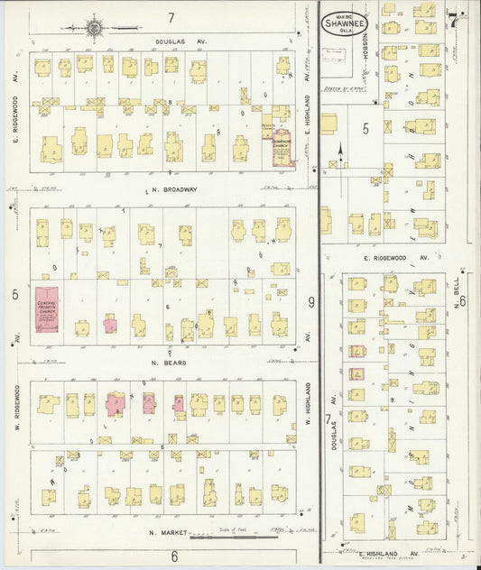 Sanborn Fire Insurance Map from Shawnee, Pottawatomie County, Oklahoma (1912), Sheet #0007 - Historic Sanborn Fire Insurance Map Print, vintage old map wall art, antique decor, genealogy gift, Oklahoma Oklahoma map