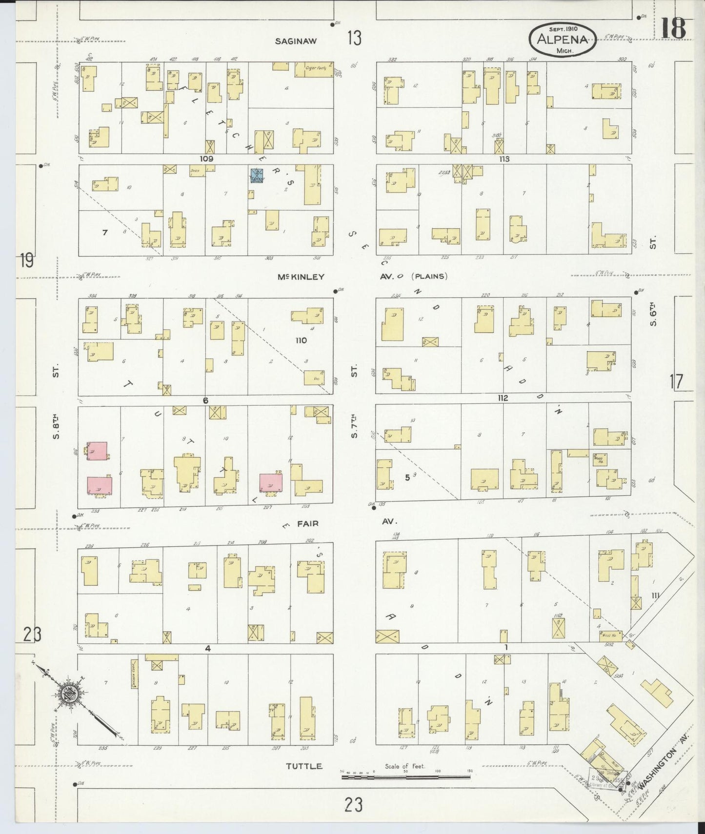 Sanborn Fire Insurance Map from Alpena, Alpena County, Michigan (1910), Sheet #0018 - Historic Sanborn Fire Insurance Map Print, vintage old map wall art, antique decor, genealogy gift, Michigan Michigan map