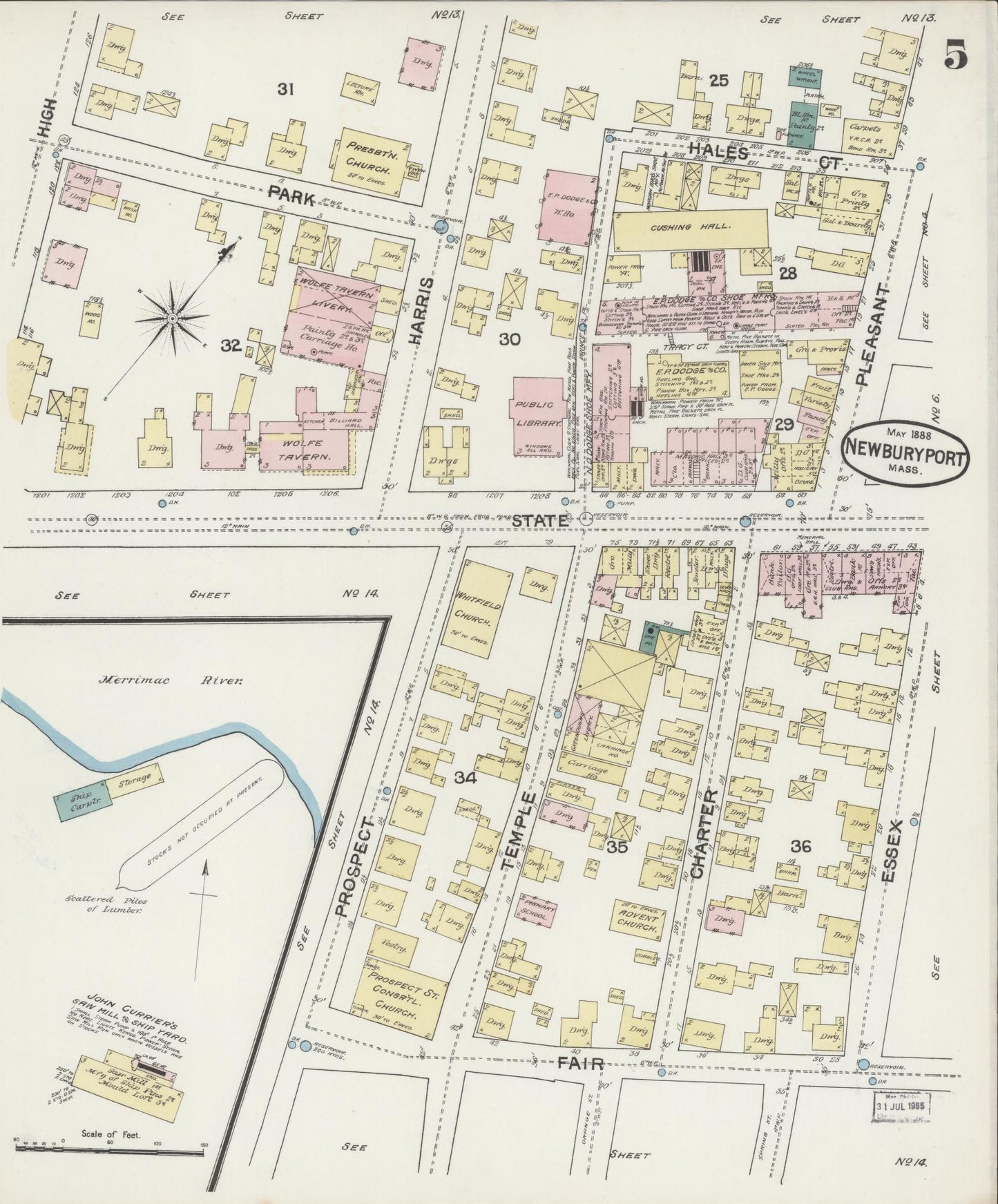 Sanborn Fire Insurance Map from Newburyport, Essex County, Massachusetts (1888), Sheet #0005 - Historic Sanborn Fire Insurance Map Print, vintage old map wall art, antique decor, genealogy gift, Massachusetts Massachusetts map