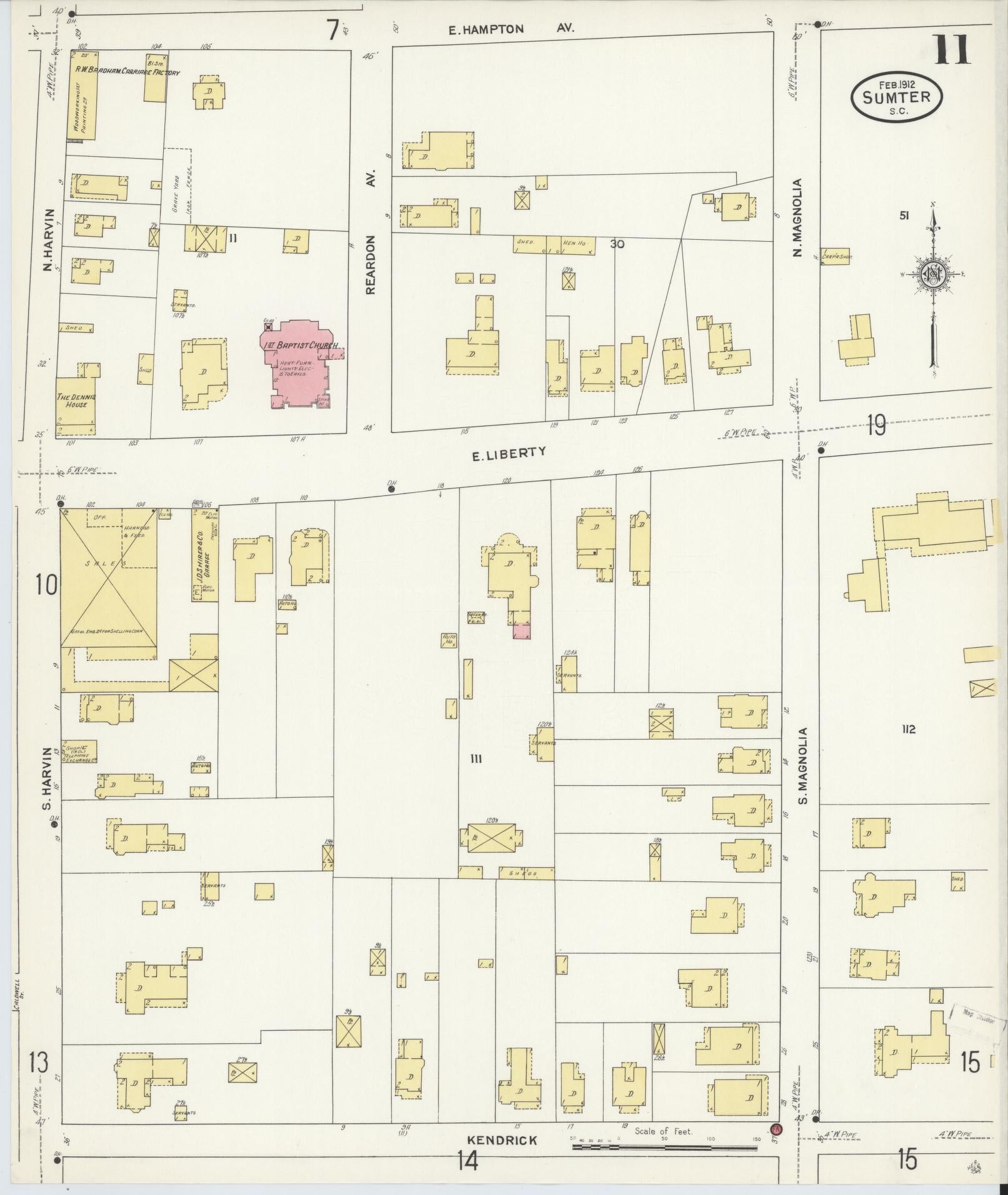 Sanborn Fire Insurance Map from Sumter, Sumter County, South Carolina (1912), Sheet #0011 - Historic Sanborn Fire Insurance Map Print, vintage old map wall art, antique decor, genealogy gift, South Carolina South Carolina map