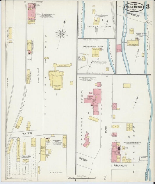 Sanborn Fire Insurance Map from West Bend, Washington County, Wisconsin (1892), Sheet #0003 - Historic Sanborn Fire Insurance Map Print, vintage old map wall art, antique decor, genealogy gift, Wisconsin Wisconsin map