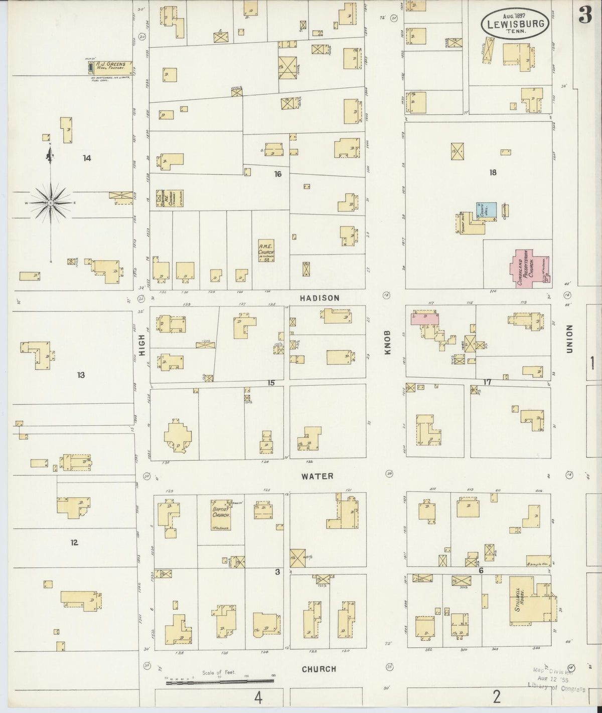 Sanborn Fire Insurance Map from Lewisburg, Marshall County, Tennessee (1897), Sheet #0003 - Complete Map Set gallery image, historic Sanborn map, vintage wall art, Tennessee Tennessee