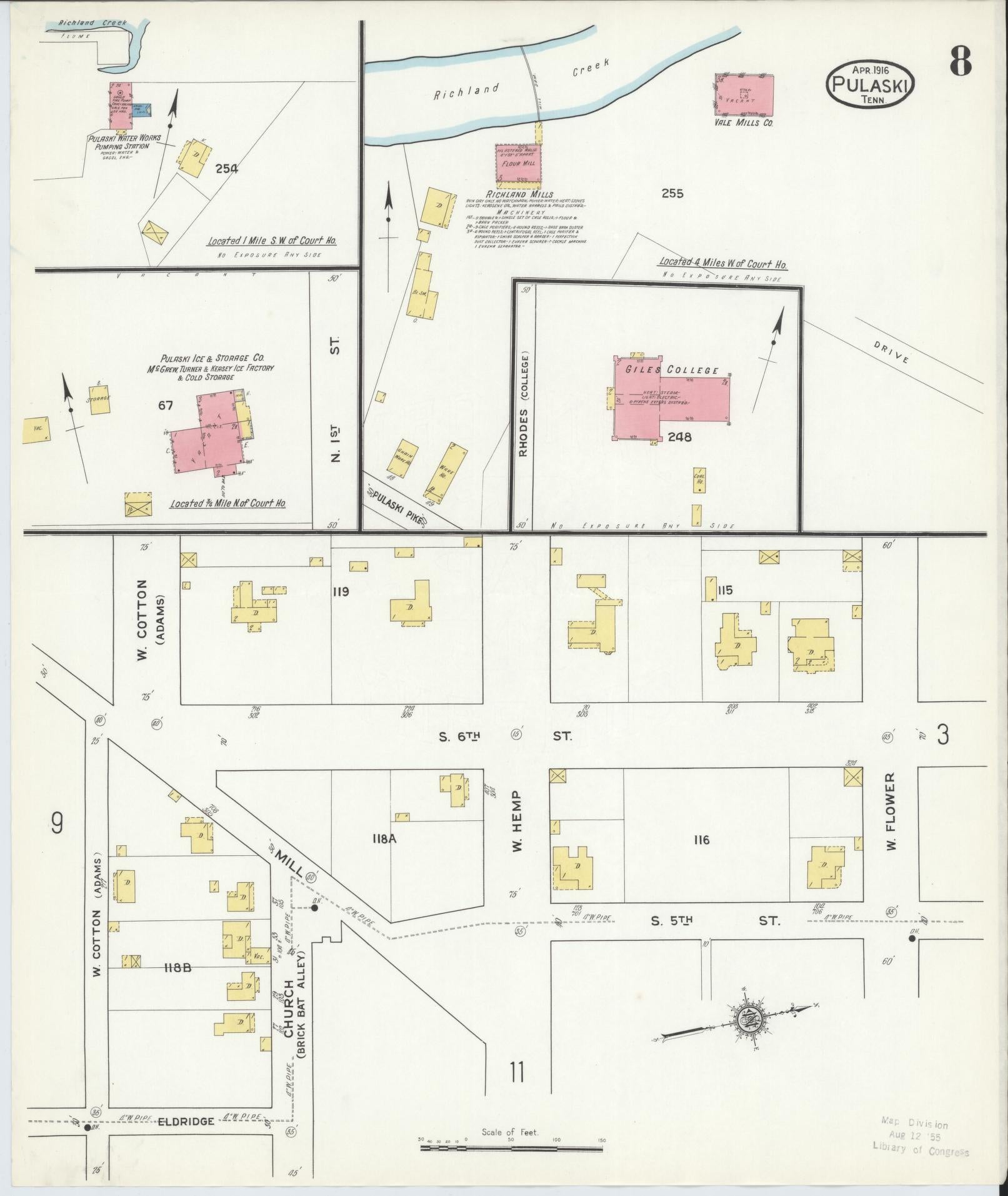 Sanborn Fire Insurance Map from Pulaski, Giles County, Tennessee (1916), Sheet #0008 - Historic Sanborn Fire Insurance Map Print, vintage old map wall art, antique decor, genealogy gift, Tennessee Tennessee map