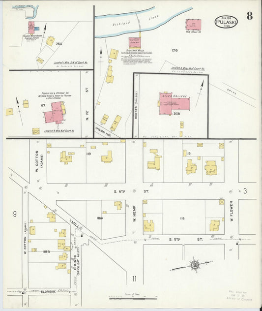 Sanborn Fire Insurance Map from Pulaski, Giles County, Tennessee (1916), Sheet #0008 - Historic Sanborn Fire Insurance Map Print, vintage old map wall art, antique decor, genealogy gift, Tennessee Tennessee map