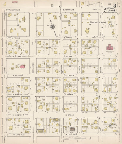 Sanborn Fire Insurance Map from Cuero, De Witt County, Texas (1922), Sheet #0008 - Historic Sanborn Fire Insurance Map Print, vintage old map wall art, antique decor, genealogy gift, Texas Texas map