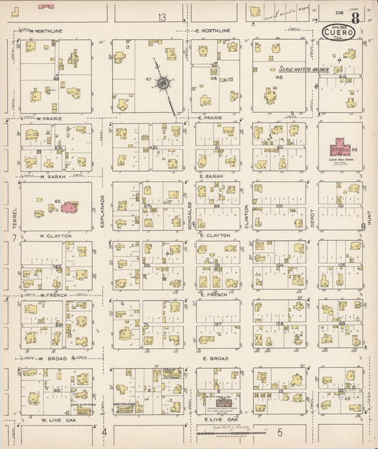Sanborn Fire Insurance Map from Cuero, De Witt County, Texas (1922), Sheet #0008 - Historic Sanborn Fire Insurance Map Print, vintage old map wall art, antique decor, genealogy gift, Texas Texas map